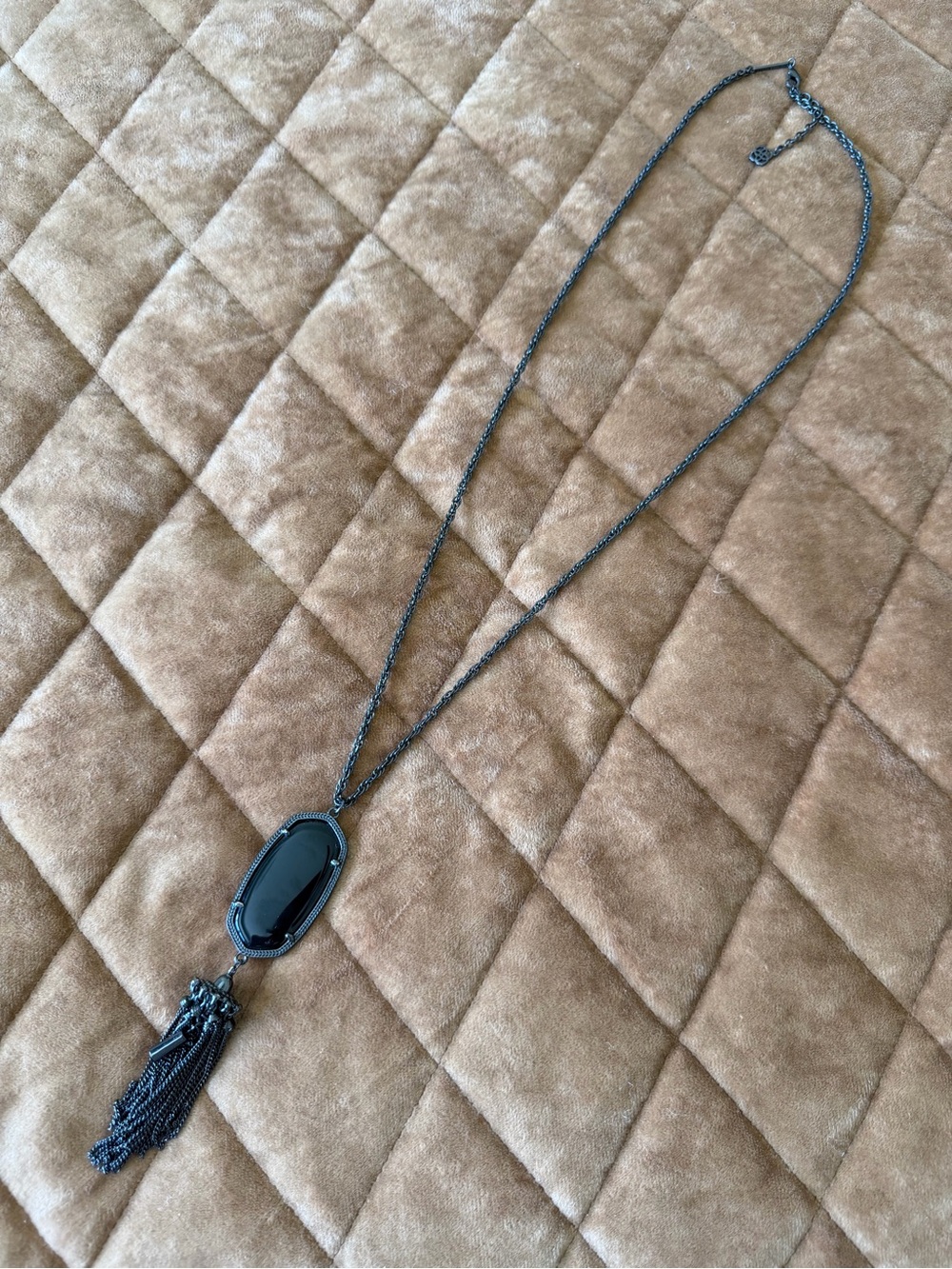 Kendra Scott Gunmetal Long Black Pendant Necklace with Black Stone and Tassel